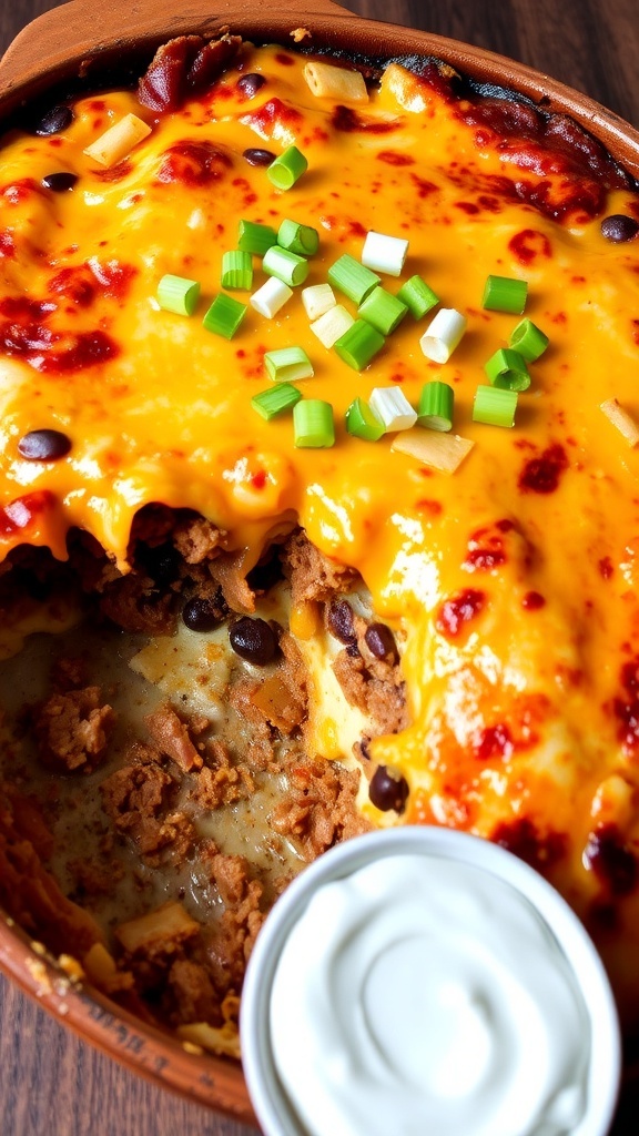 Cheesy Mexican Casserole Recipe A cheesy Mexican casserole with layers of tortillas, ground beef, and black beans, garnished with green onions.
